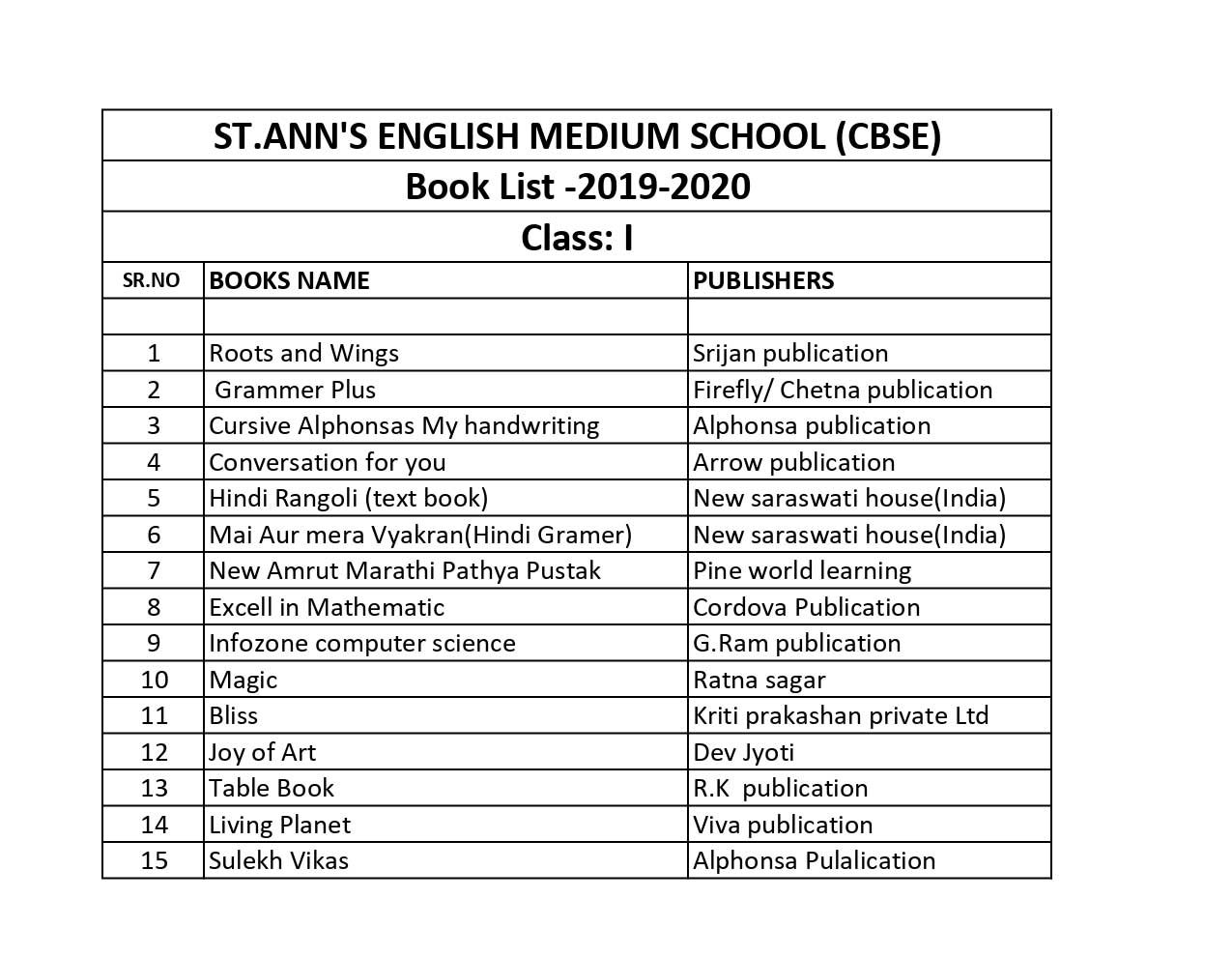 Book List St Anns English Medium School Cbse