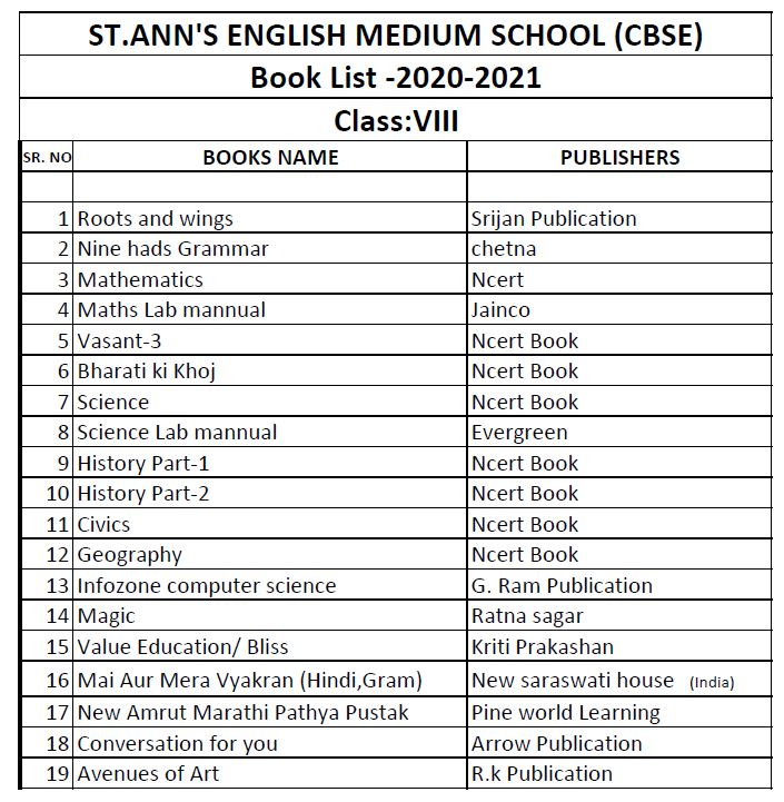 Book List St. Ann's English Medium School (CBSE)